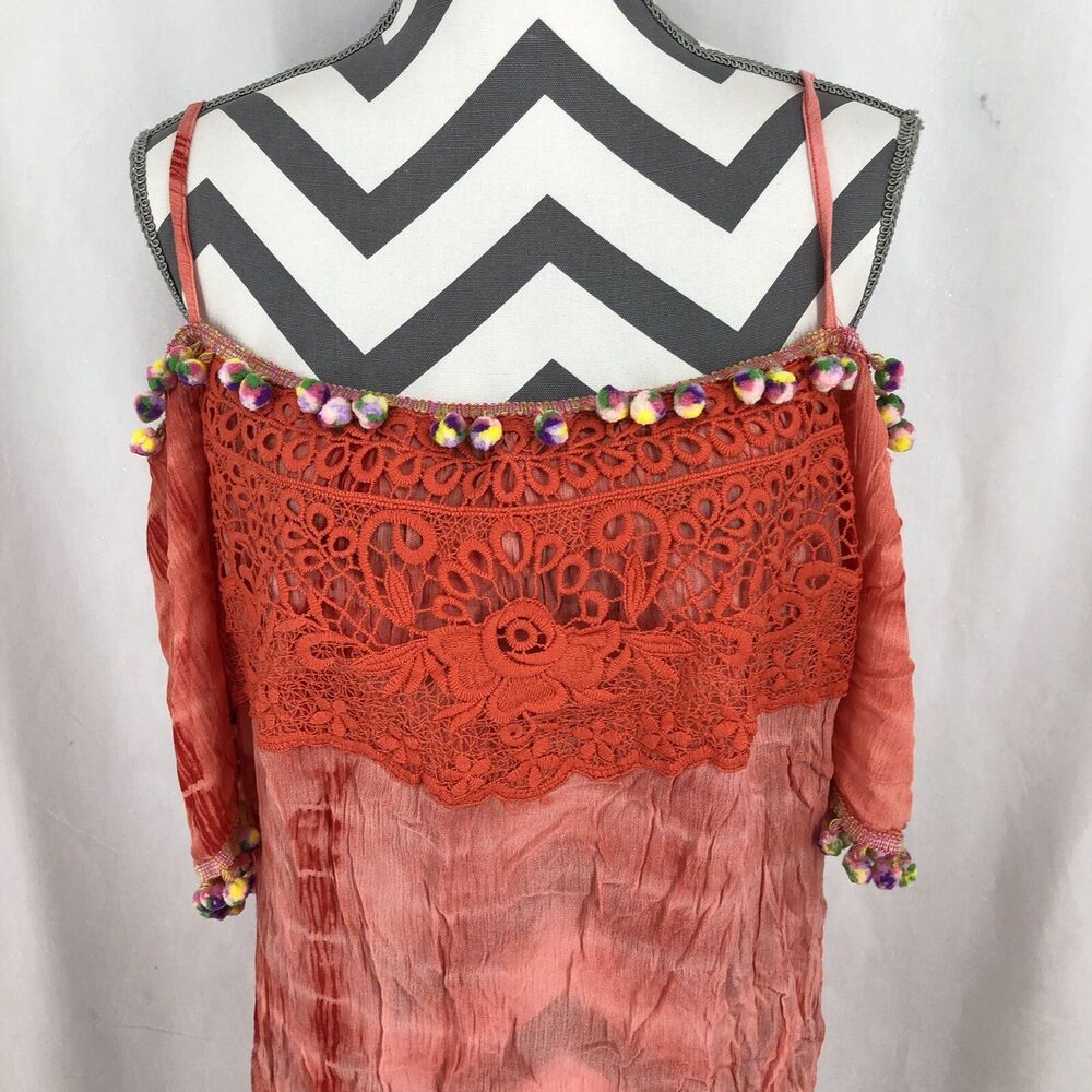 Velzera Coral Cold Shoulder Short Sleeve Pom Pom Boho Sun Dress 2XL NWT